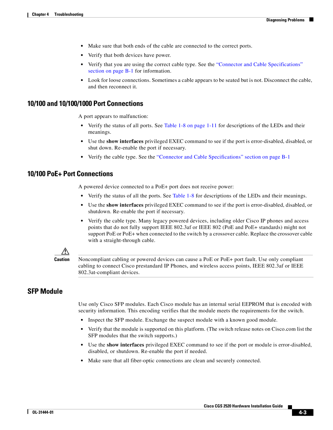 Cisco Systems CGS 2520 manual 10/100 and 10/100/1000 Port Connections, 10/100 PoE+ Port Connections, SFP Module 