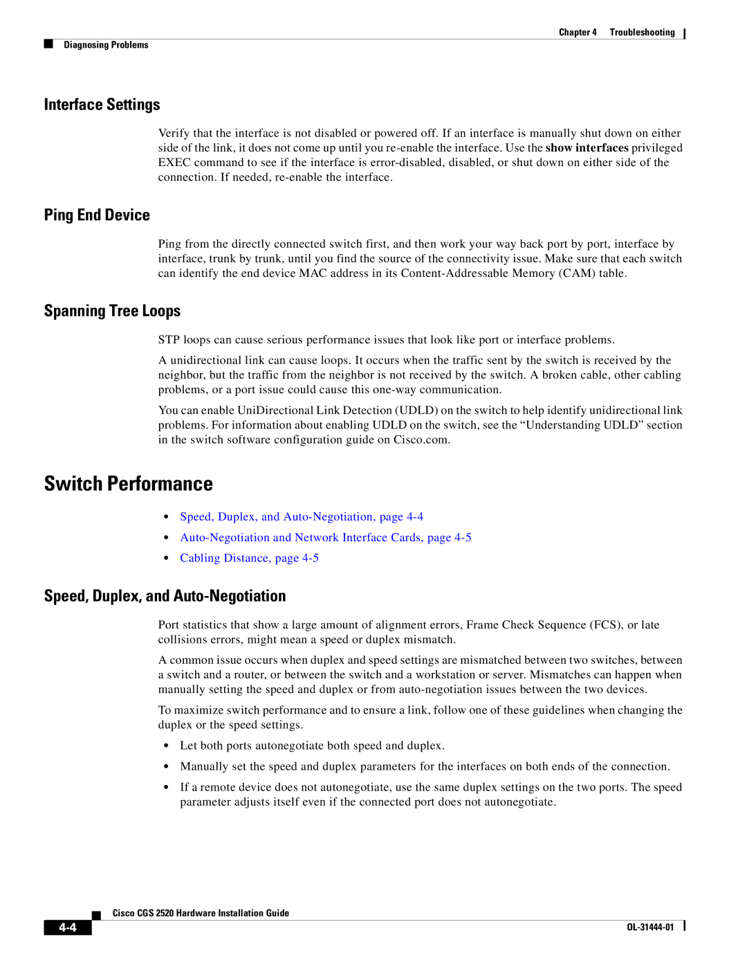 Cisco Systems CGS 2520 manual Switch Performance, Interface Settings, Ping End Device, Spanning Tree Loops 