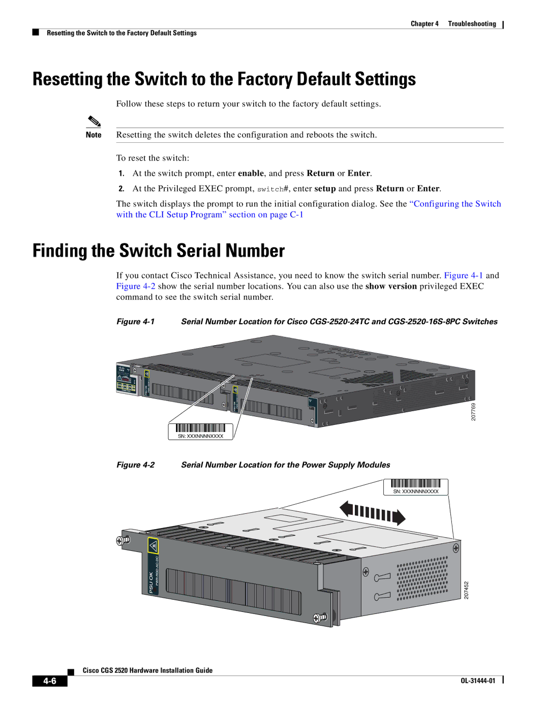 Cisco Systems CGS 2520 manual Resetting the Switch to the Factory Default Settings, Finding the Switch Serial Number 