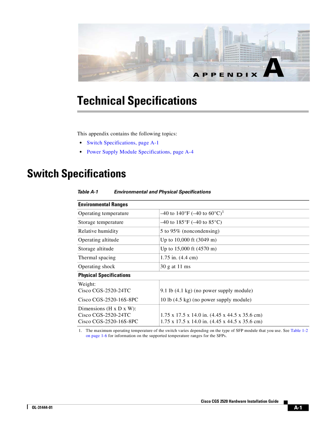 Cisco Systems CGS 2520 manual Switch Specifications, Environmental Ranges, Physical Specifications 