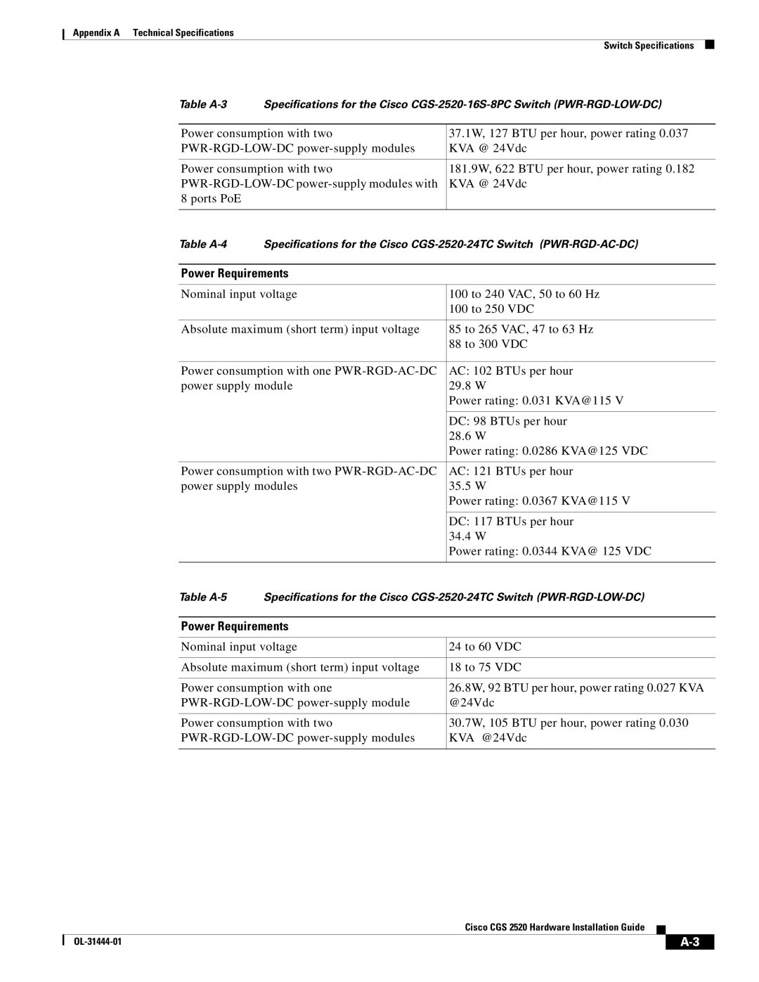 Cisco Systems CGS 2520 manual Power Requirements 