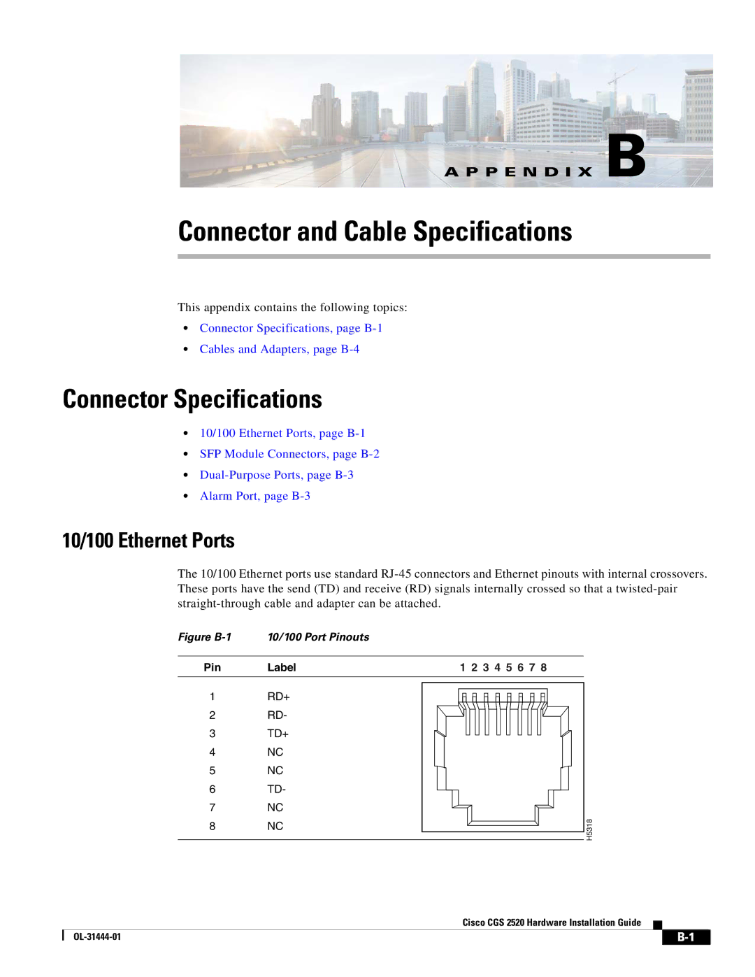 Cisco Systems CGS 2520 manual Connector Specifications, 10/100 Ethernet Ports 