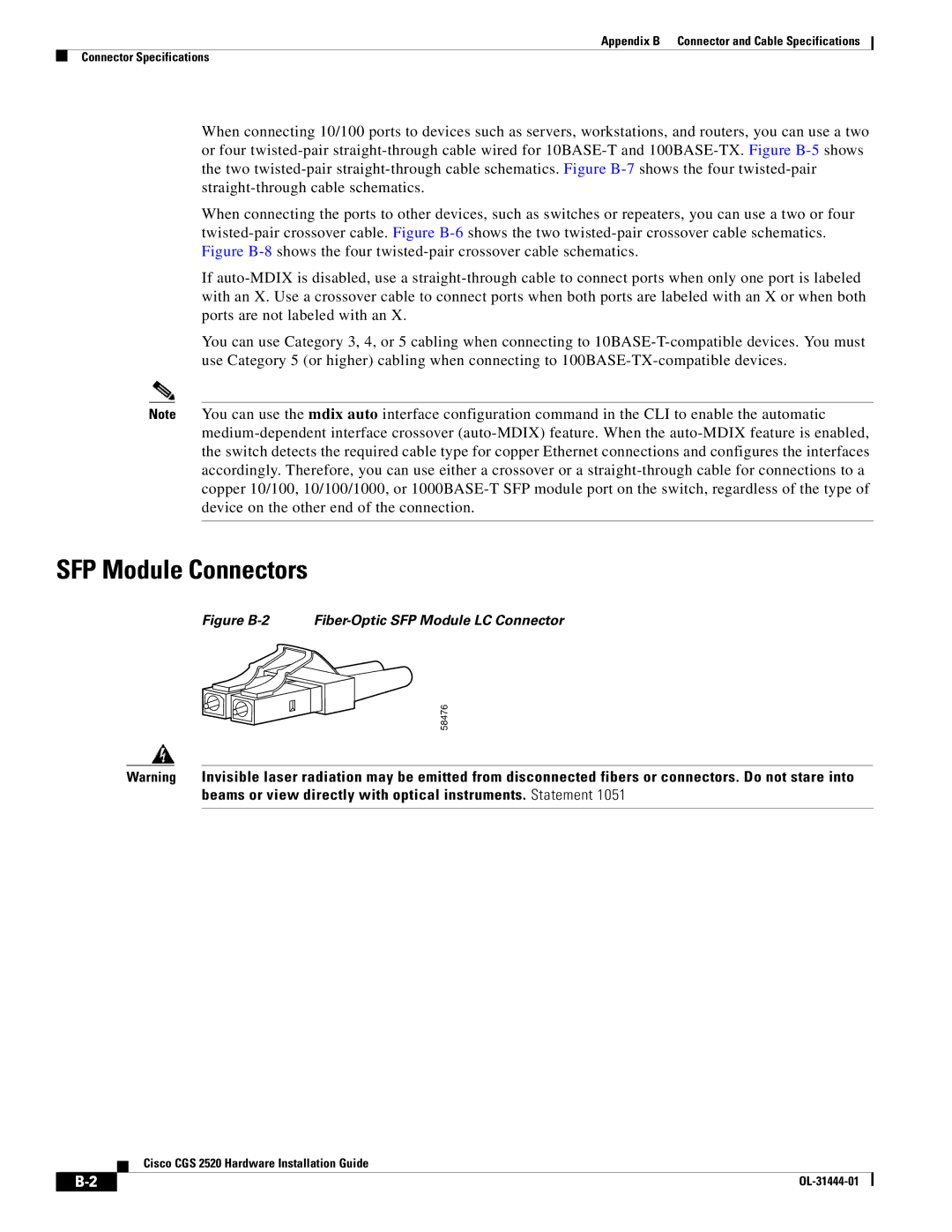 Cisco Systems CGS 2520 manual SFP Module Connectors, Figure B-2 Fiber-Optic SFP Module LC Connector 