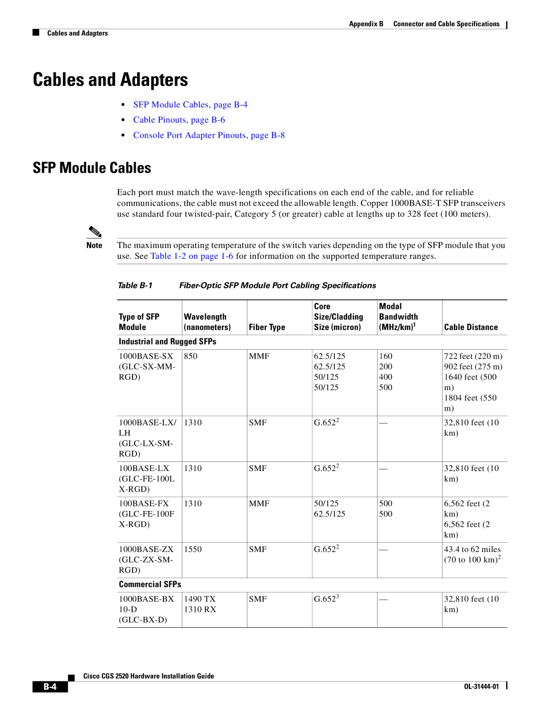 Cisco Systems CGS 2520 manual Cables and Adapters, SFP Module Cables, Industrial and Rugged SFPs, Commercial SFPs 