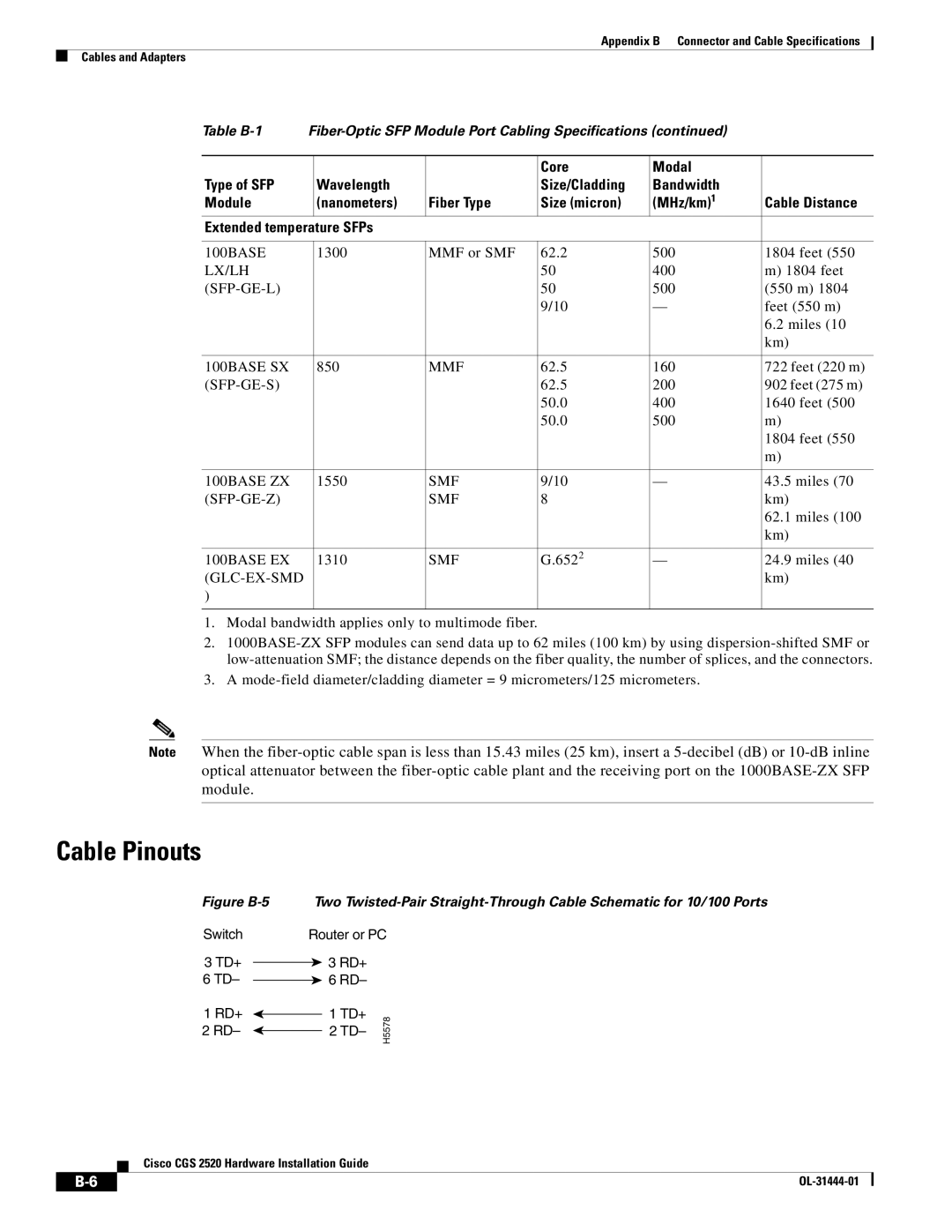 Cisco Systems CGS 2520 manual Cable Pinouts, Extended temperature SFPs 