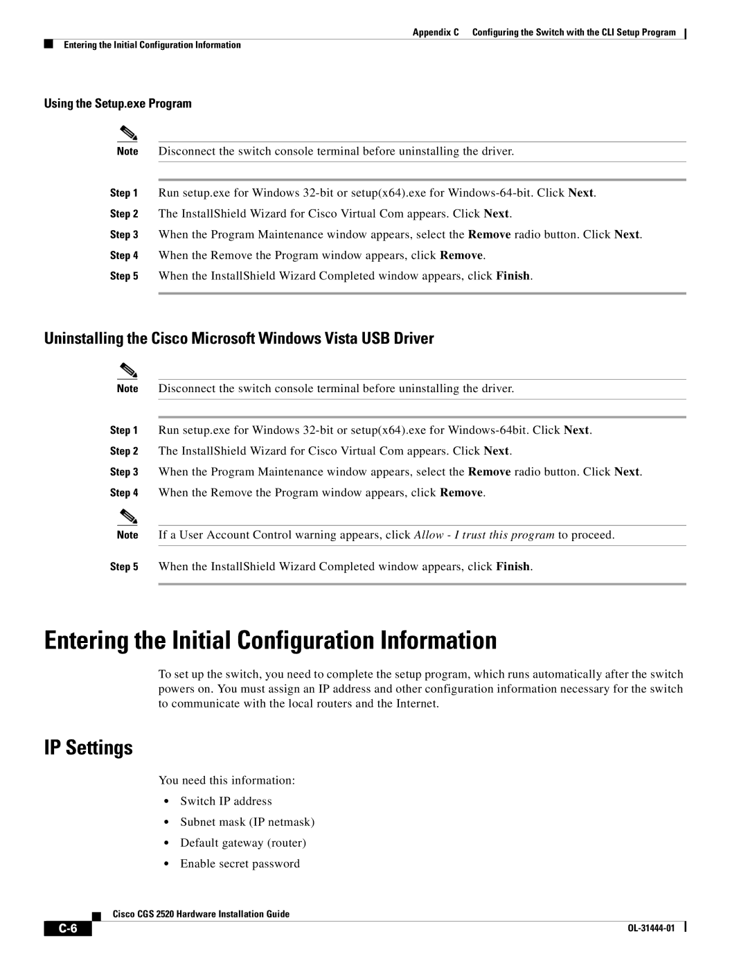 Cisco Systems CGS 2520 manual Entering the Initial Configuration Information, IP Settings 