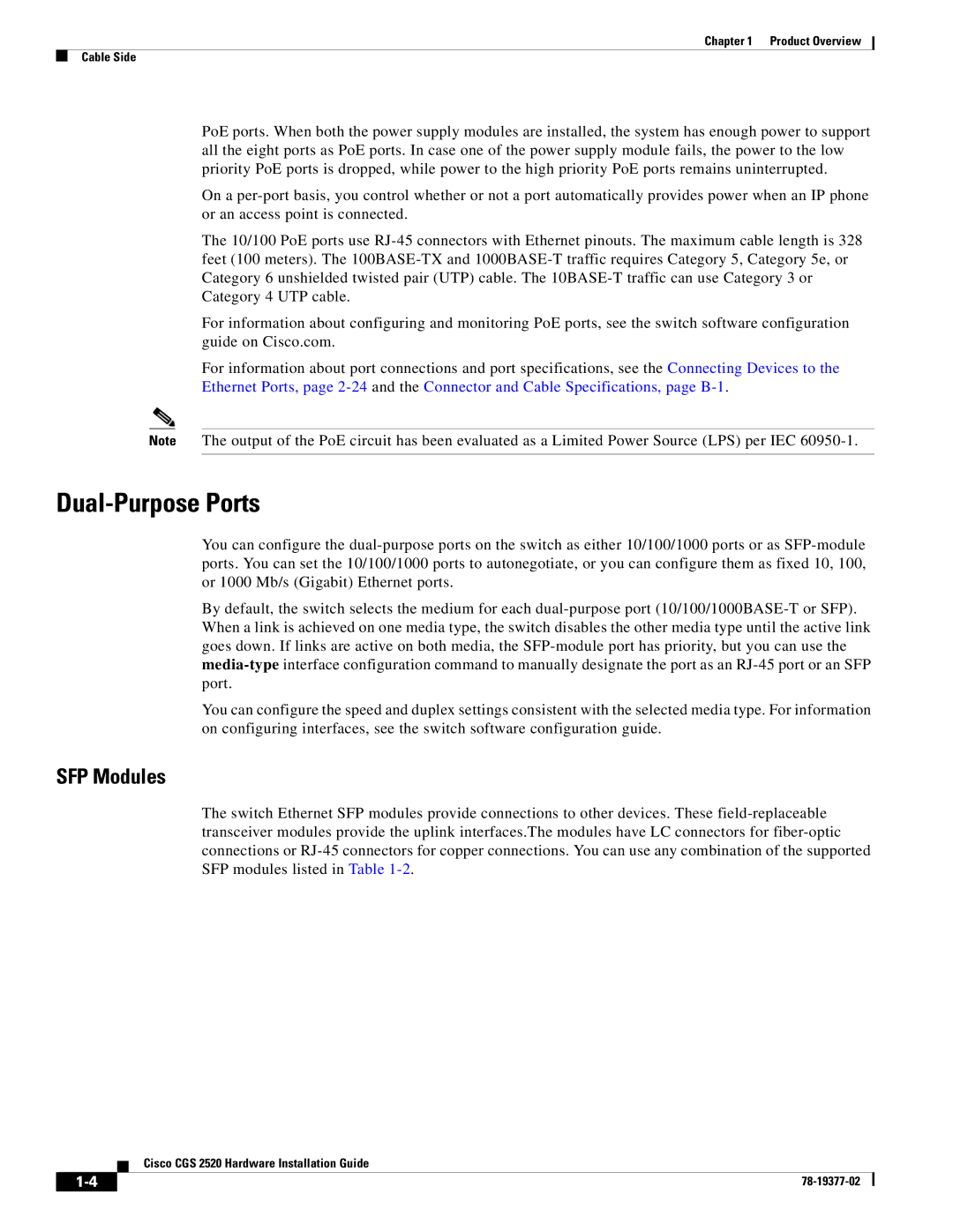 Cisco Systems CGS252016S8PC manual Dual-Purpose Ports, SFP Modules 