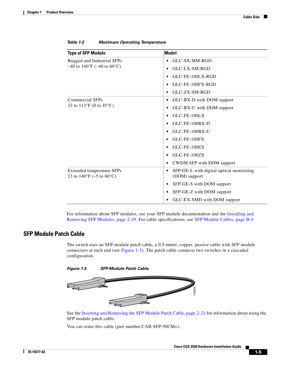 Cisco Systems CGS252016S8PC manual SFP Module Patch Cable, Type of SFP Module Model 