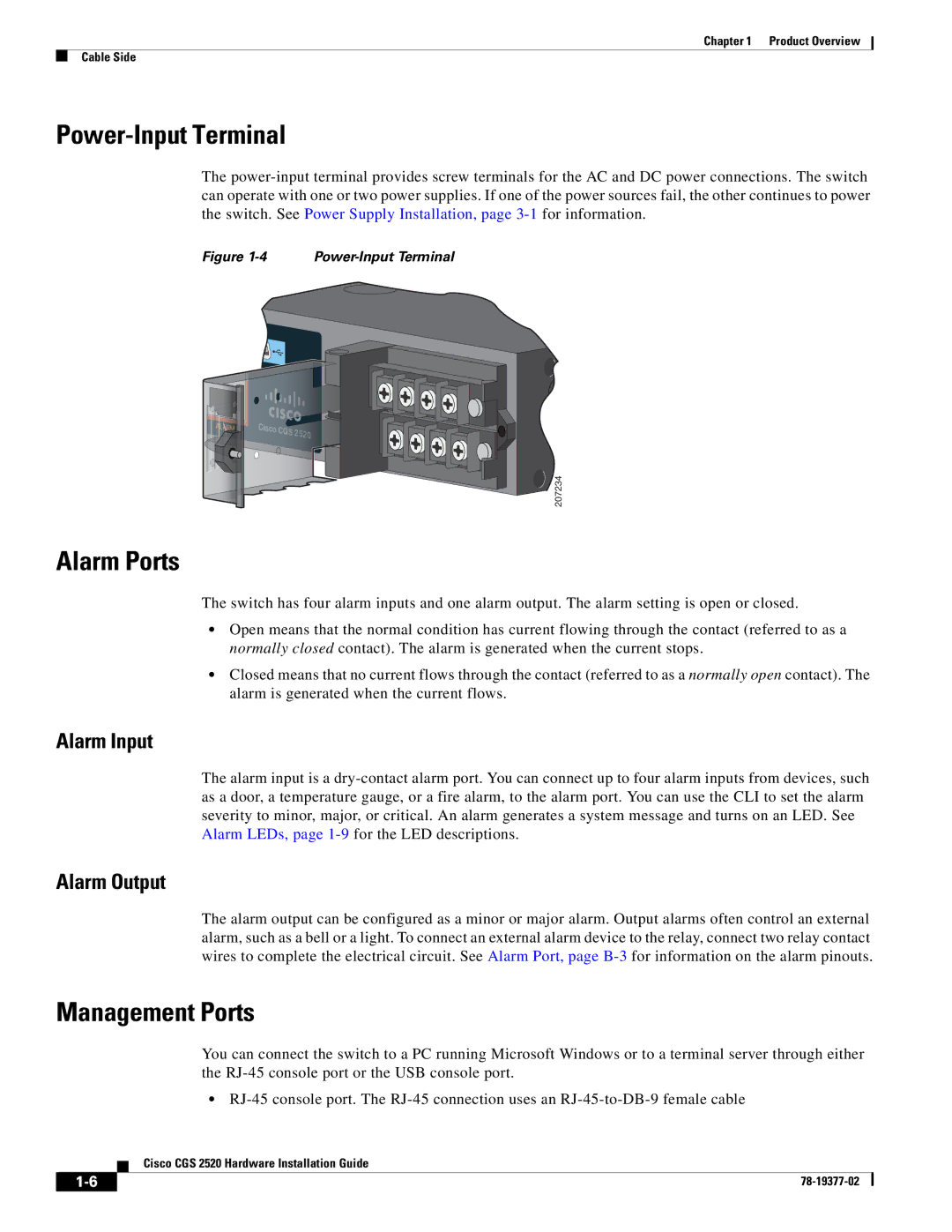 Cisco Systems CGS252016S8PC manual Power-Input Terminal, Alarm Ports, Management Ports, Alarm Input, Alarm Output 