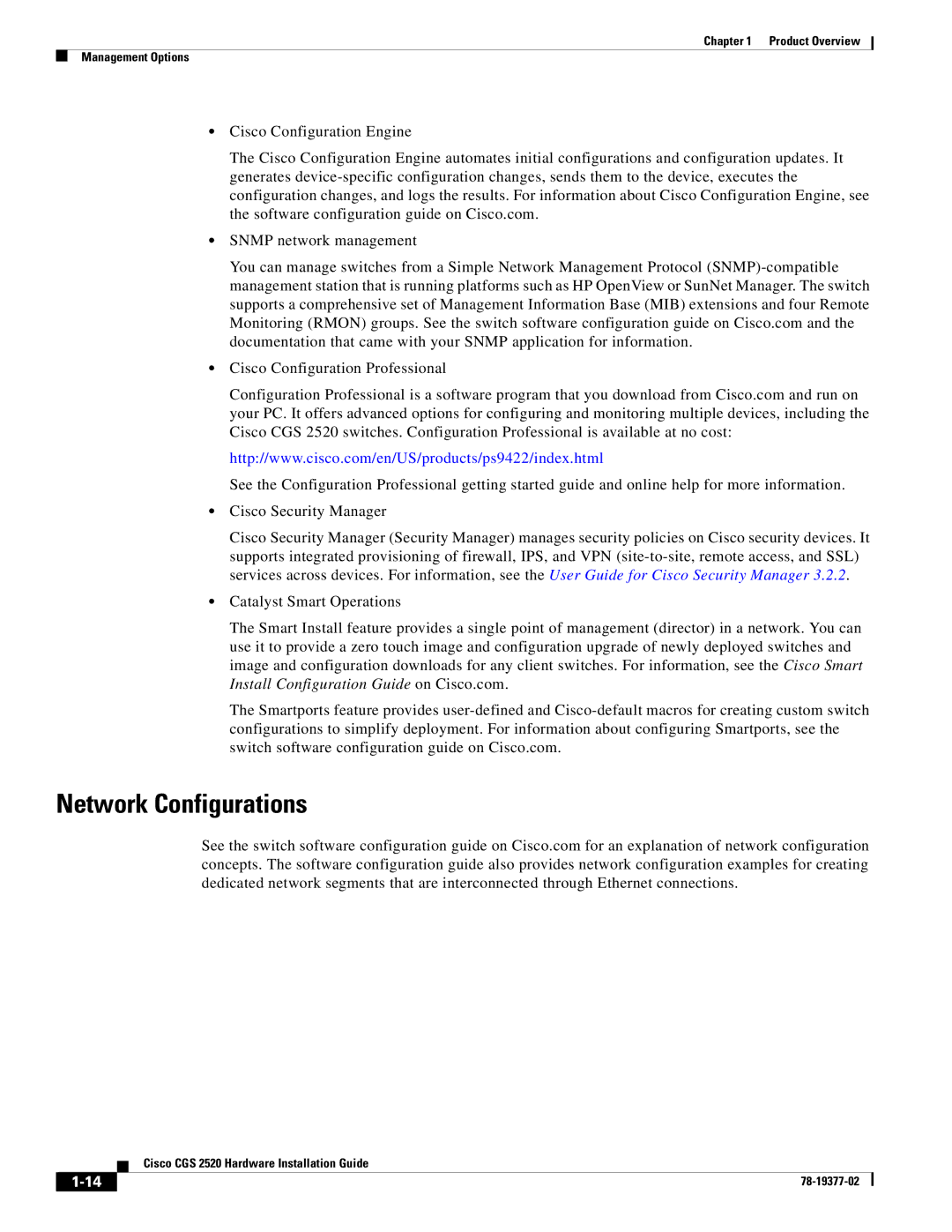 Cisco Systems CGS252016S8PC manual Network Configurations 