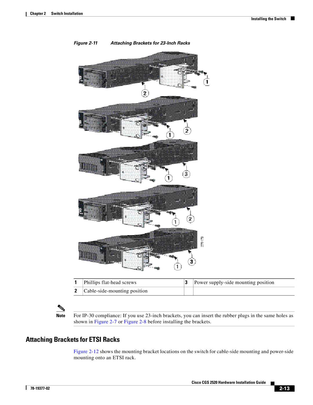 Cisco Systems CGS252016S8PC manual Attaching Brackets for Etsi Racks, Attaching Brackets for 23-Inch Racks 