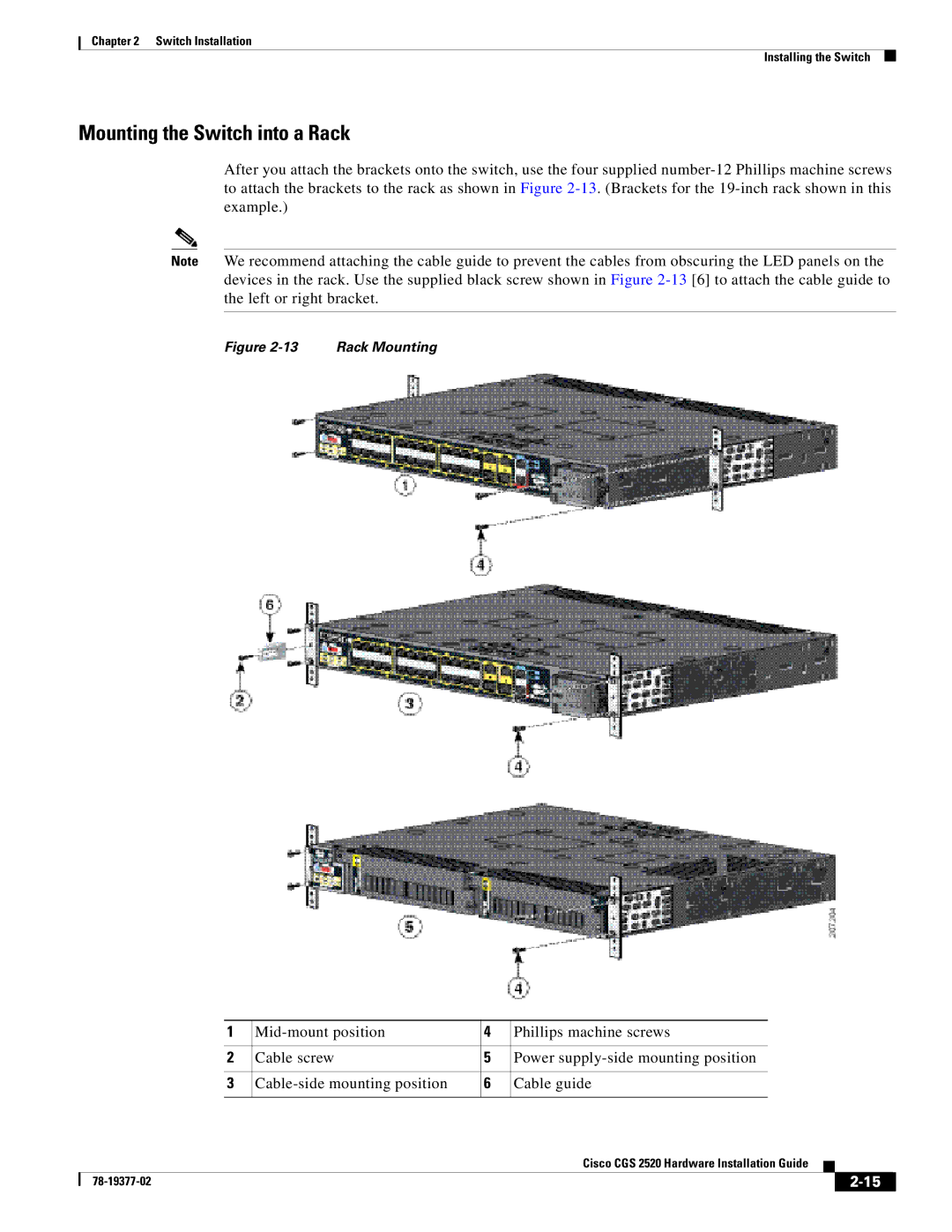 Cisco Systems CGS252016S8PC manual Mounting the Switch into a Rack 