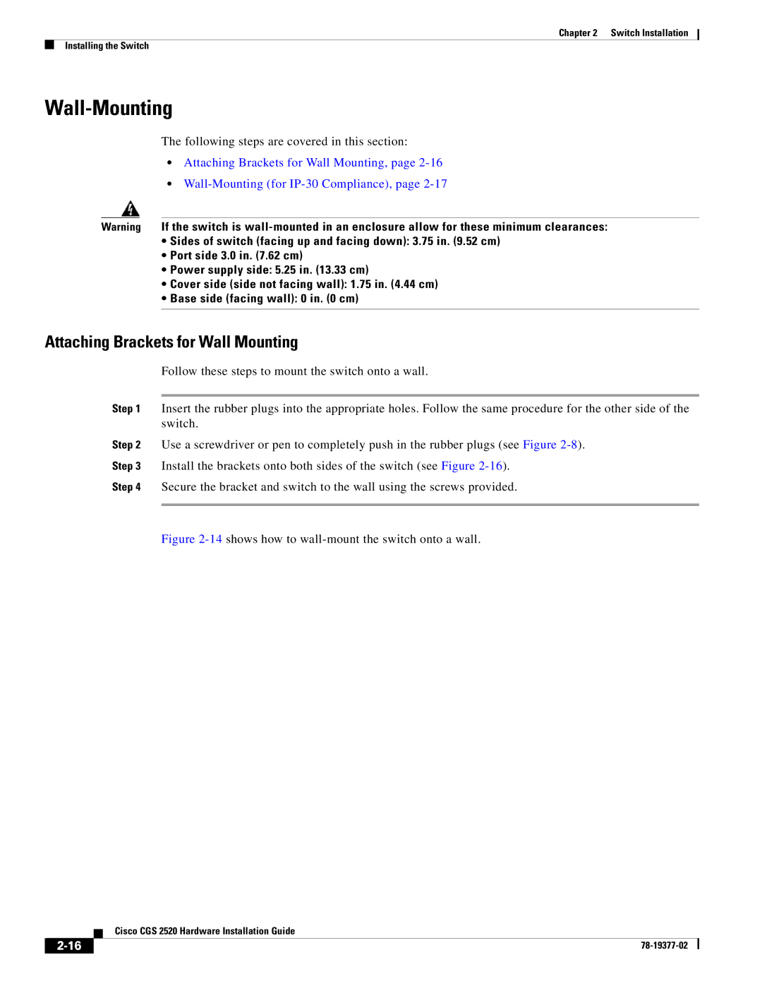 Cisco Systems CGS252016S8PC manual Wall-Mounting, Attaching Brackets for Wall Mounting 