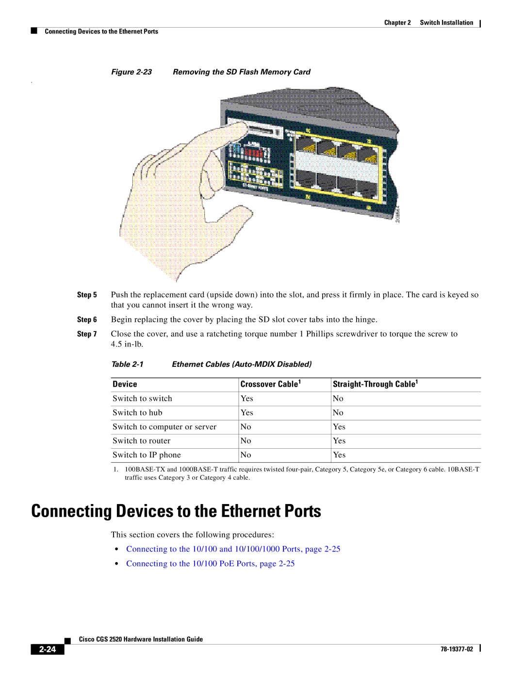 Cisco Systems CGS252016S8PC manual Connecting Devices to the Ethernet Ports, Device Crossover Cable Straight-Through Cable 