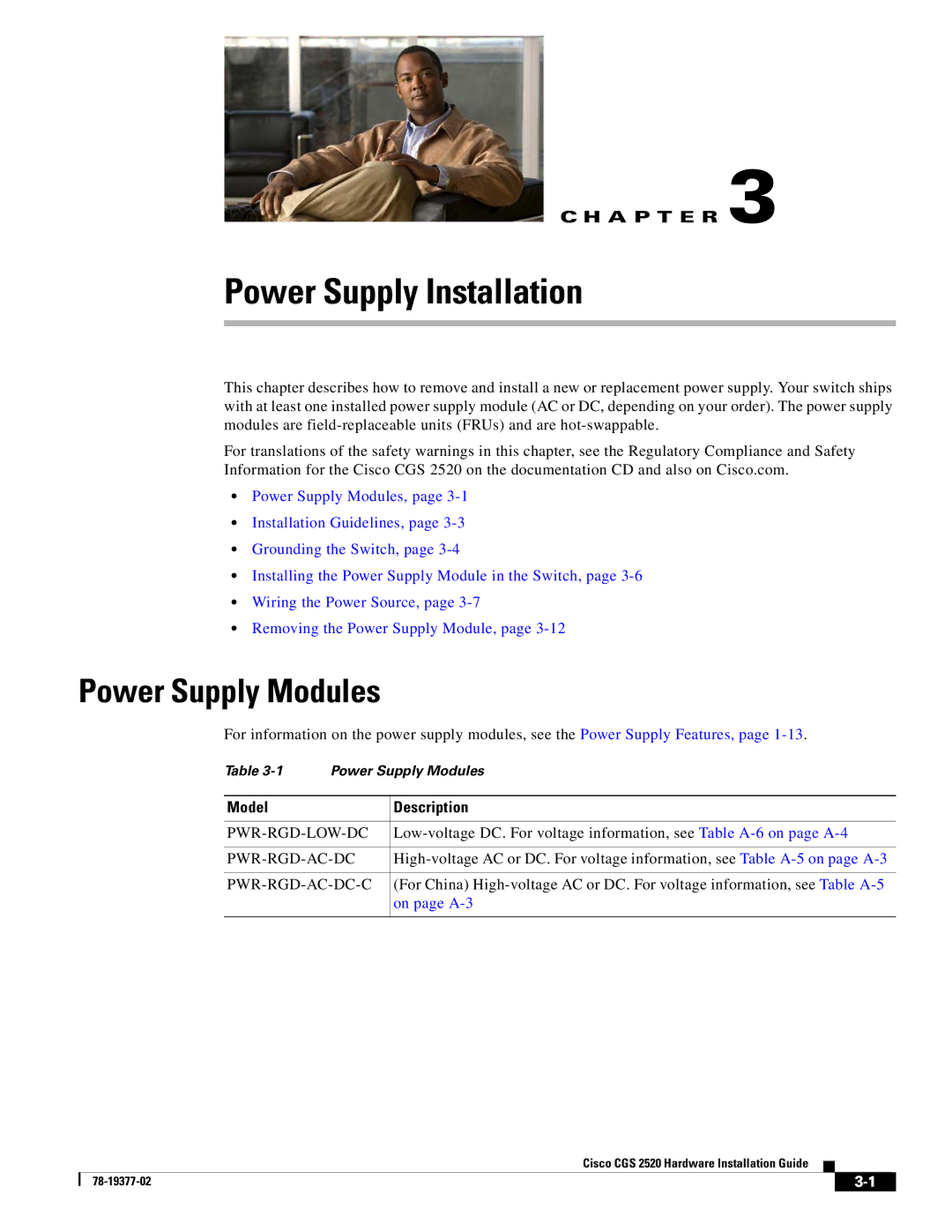 Cisco Systems CGS252016S8PC manual Power Supply Installation, Power Supply Modules 