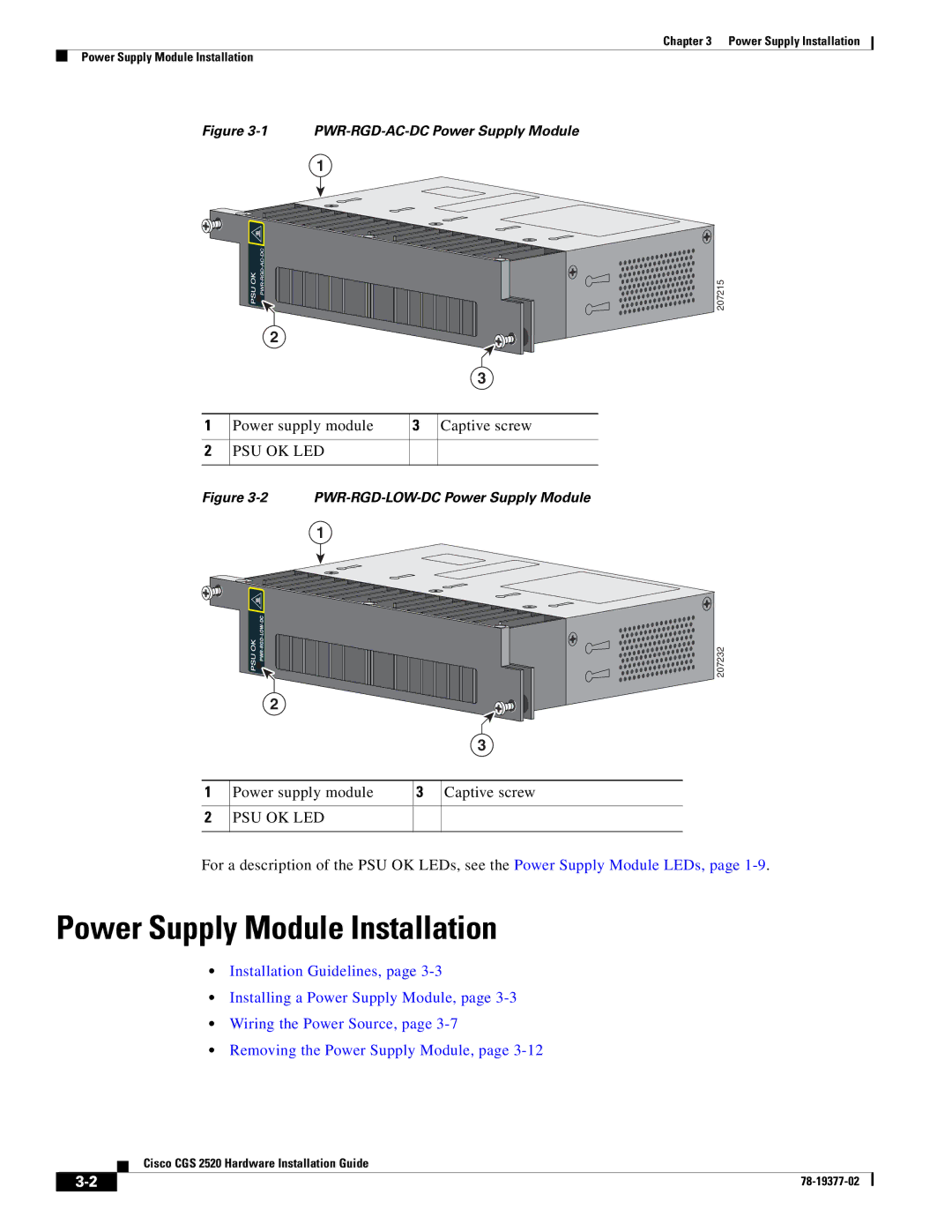 Cisco Systems CGS252016S8PC manual Power Supply Module Installation, PWR-RGD-AC-DC Power Supply Module 