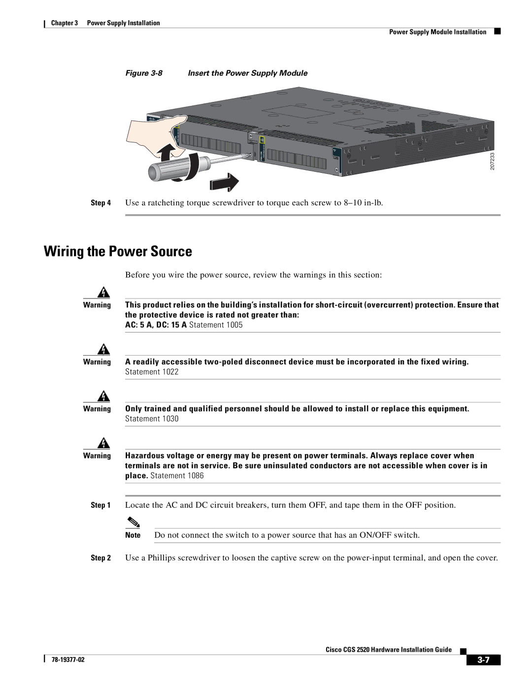 Cisco Systems CGS252016S8PC manual Wiring the Power Source, AC 5 A, DC 15 a Statement 