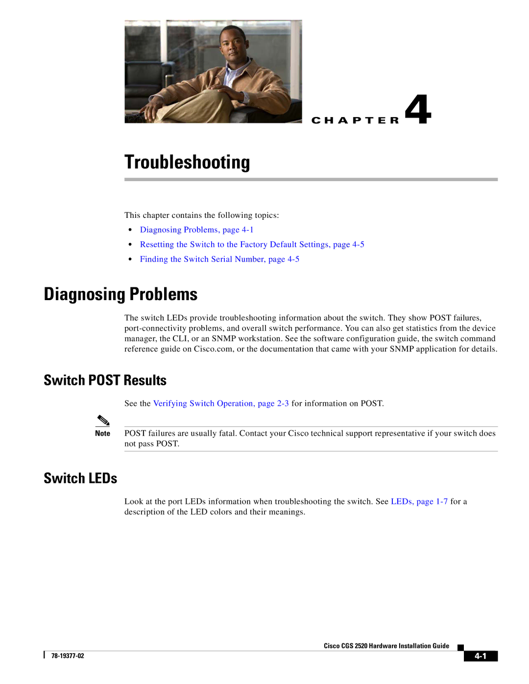 Cisco Systems CGS252016S8PC manual Diagnosing Problems, Switch Post Results, Switch LEDs 