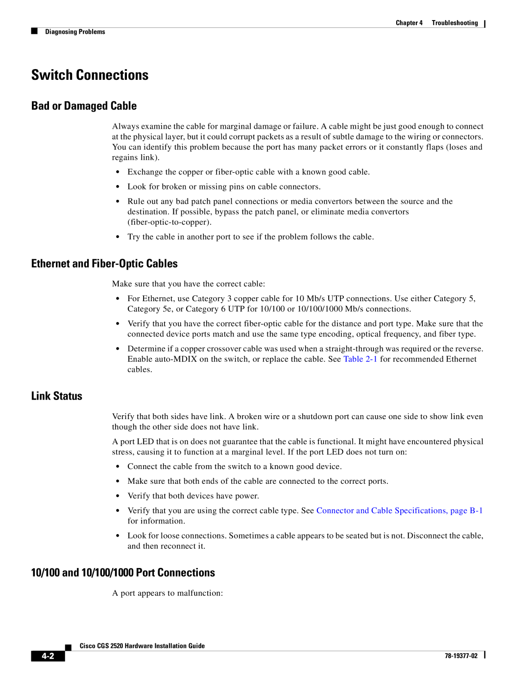 Cisco Systems CGS252016S8PC manual Switch Connections, Bad or Damaged Cable, Ethernet and Fiber-Optic Cables, Link Status 