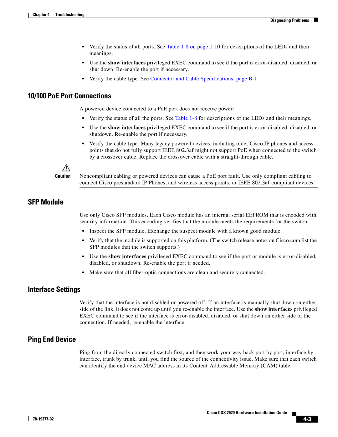 Cisco Systems CGS252016S8PC manual 10/100 PoE Port Connections, SFP Module, Interface Settings, Ping End Device 