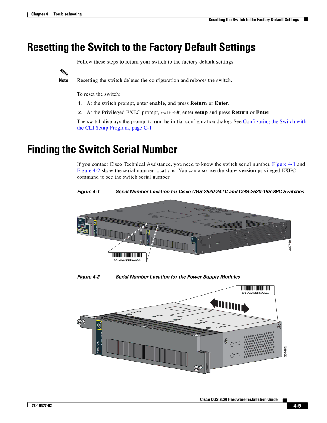 Cisco Systems CGS252016S8PC manual Resetting the Switch to the Factory Default Settings, Finding the Switch Serial Number 