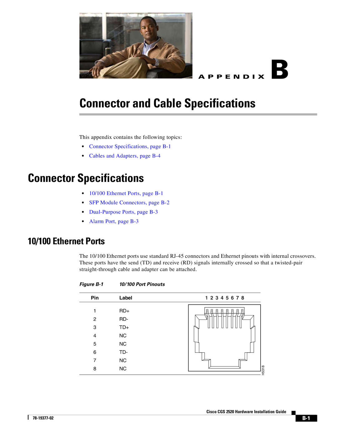 Cisco Systems CGS252016S8PC manual Connector Specifications, 10/100 Ethernet Ports 