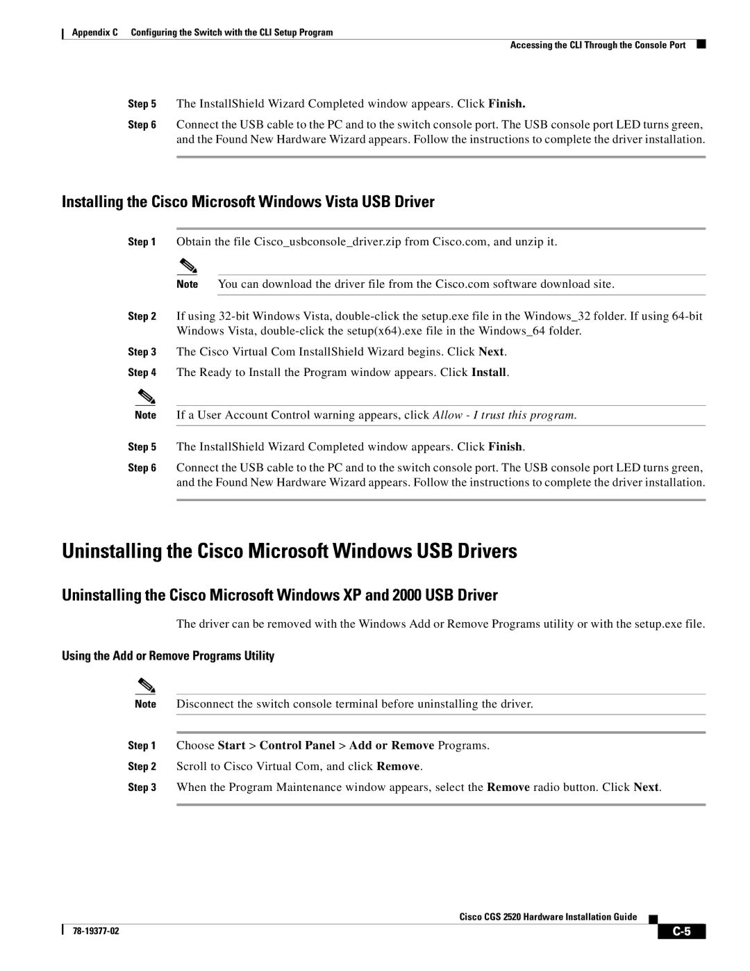 Cisco Systems CGS252016S8PC manual Uninstalling the Cisco Microsoft Windows USB Drivers 