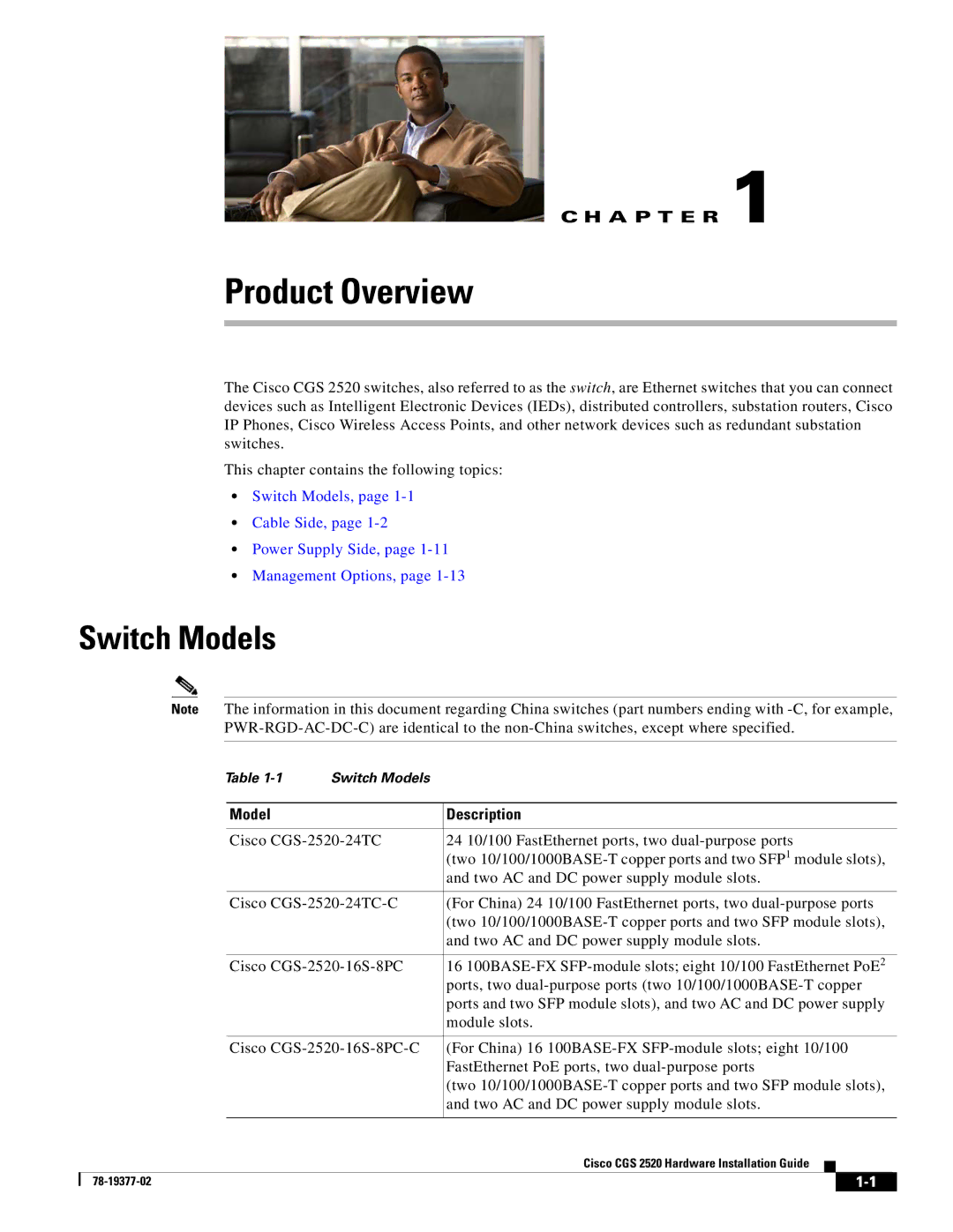 Cisco Systems CGS252016S8PC manual Switch Models, Model Description 