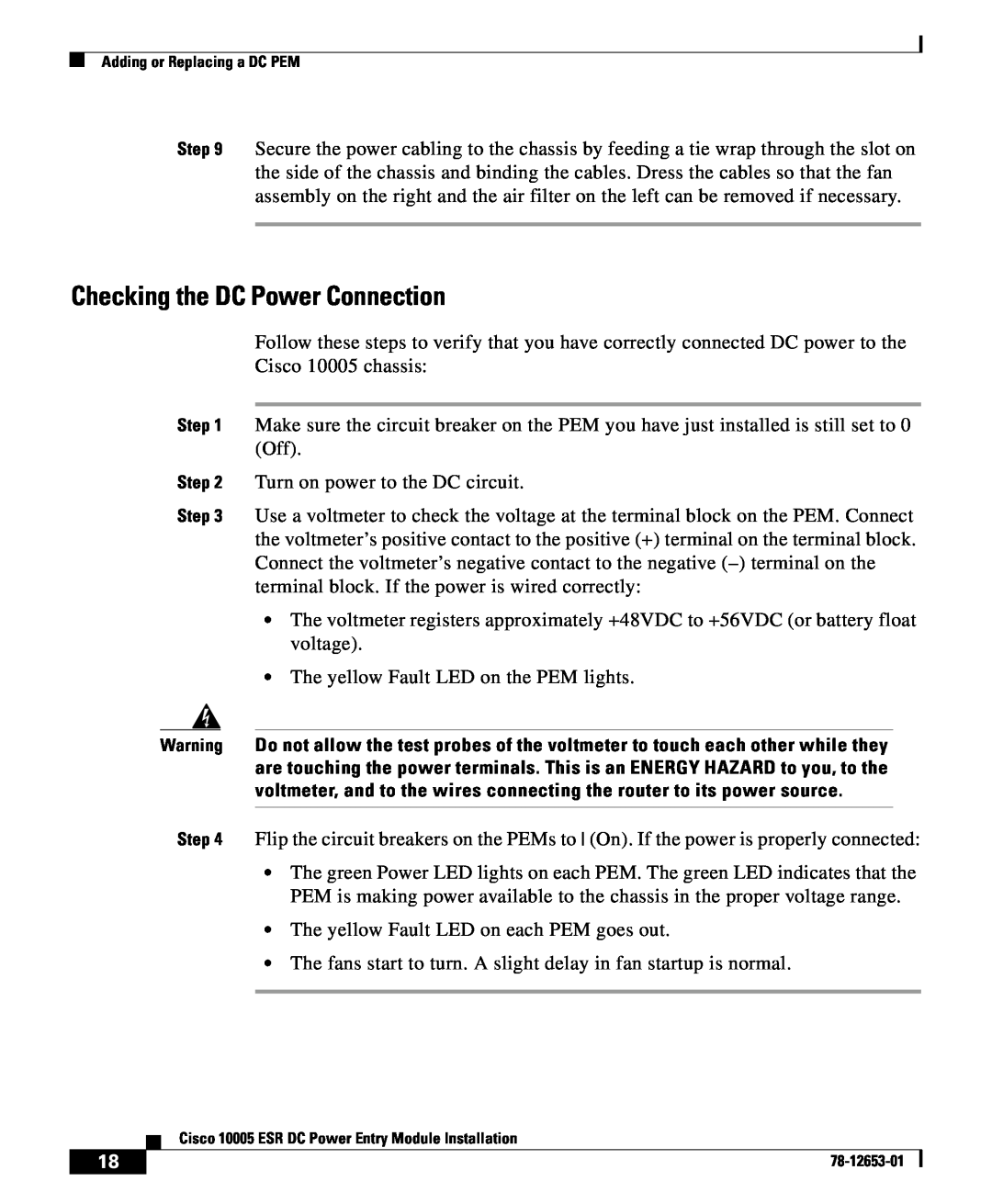 Cisco Systems Cisco 10005 ESR manual Checking the DC Power Connection 