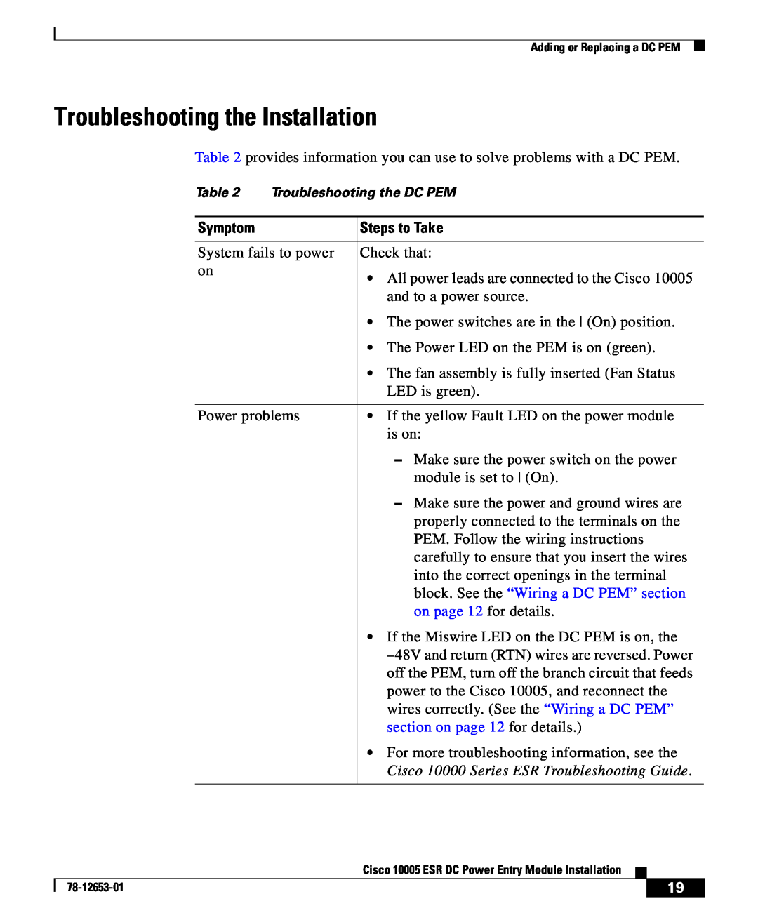 Cisco Systems Cisco 10005 ESR manual Troubleshooting the Installation, Symptom, Steps to Take 