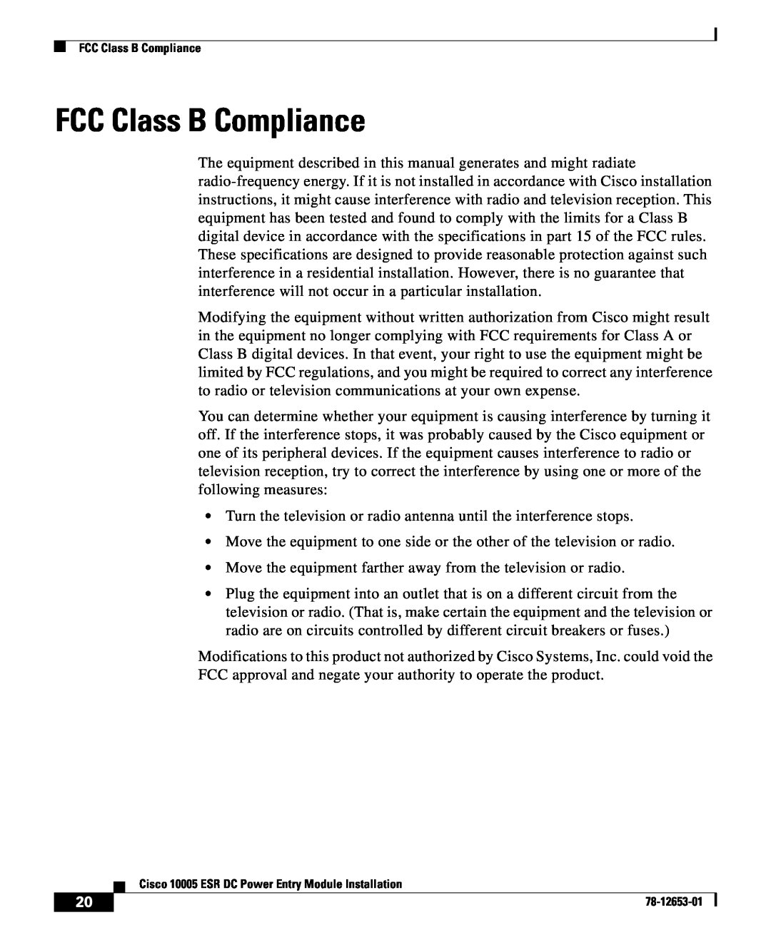 Cisco Systems Cisco 10005 ESR manual FCC Class B Compliance 