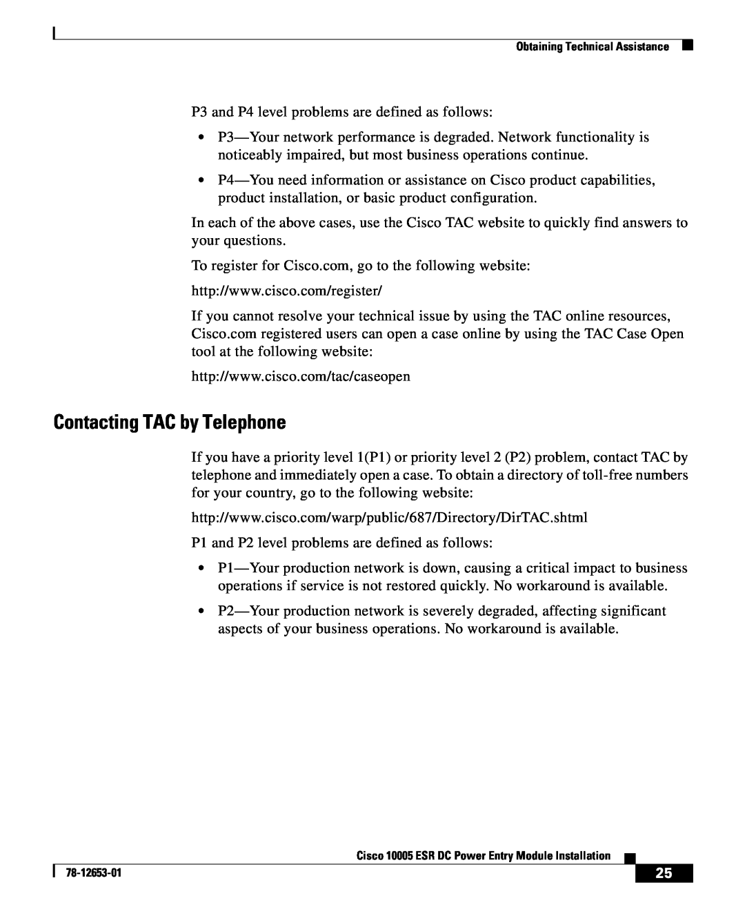 Cisco Systems Cisco 10005 ESR manual Contacting TAC by Telephone 