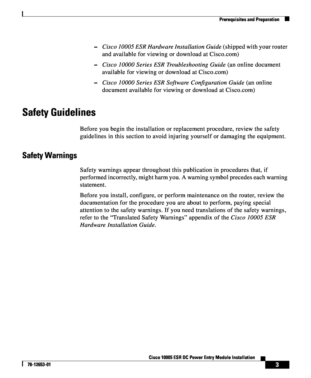 Cisco Systems Cisco 10005 ESR manual Safety Guidelines, Safety Warnings 