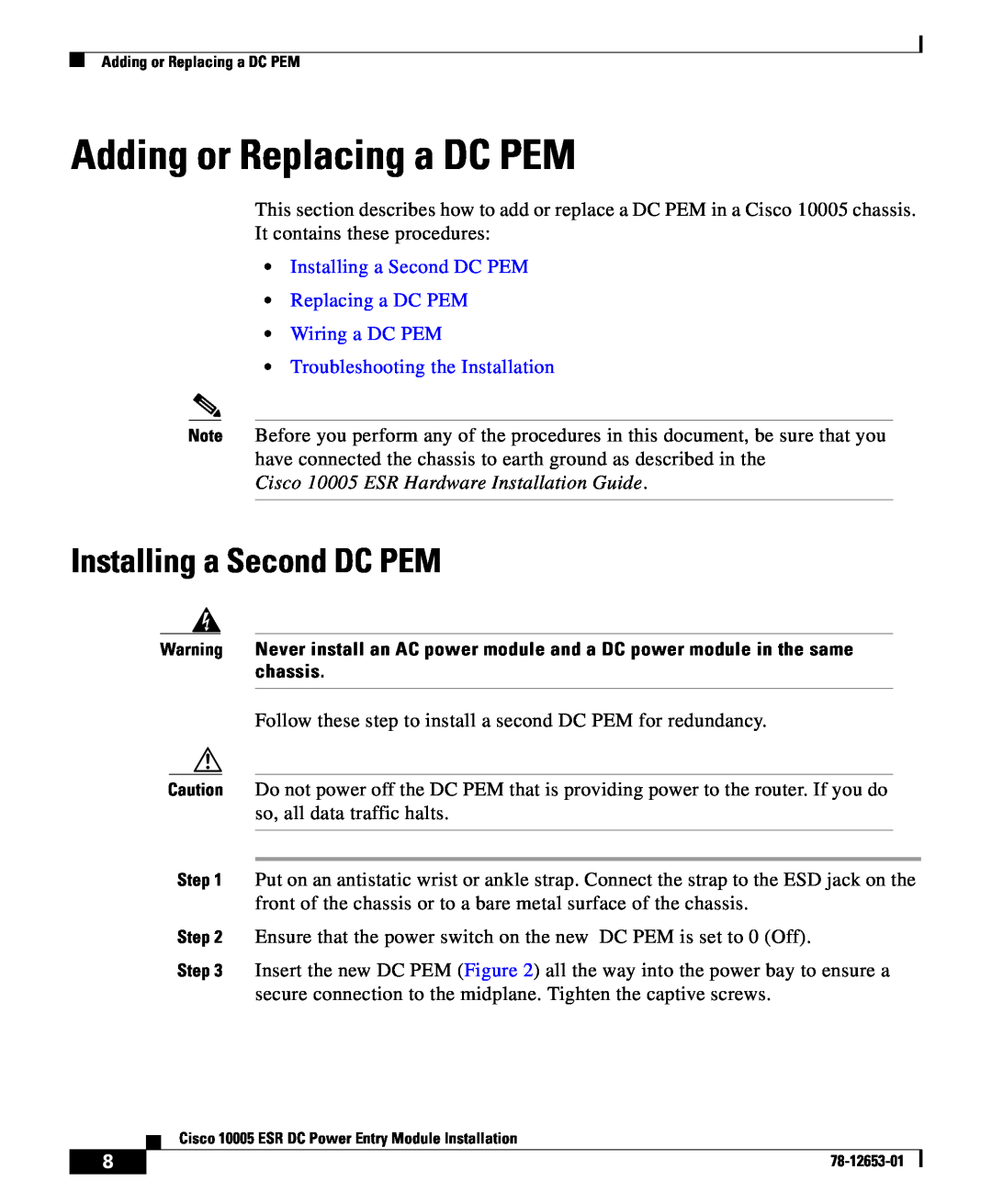 Cisco Systems Cisco 10005 ESR manual Adding or Replacing a DC PEM, Installing a Second DC PEM 