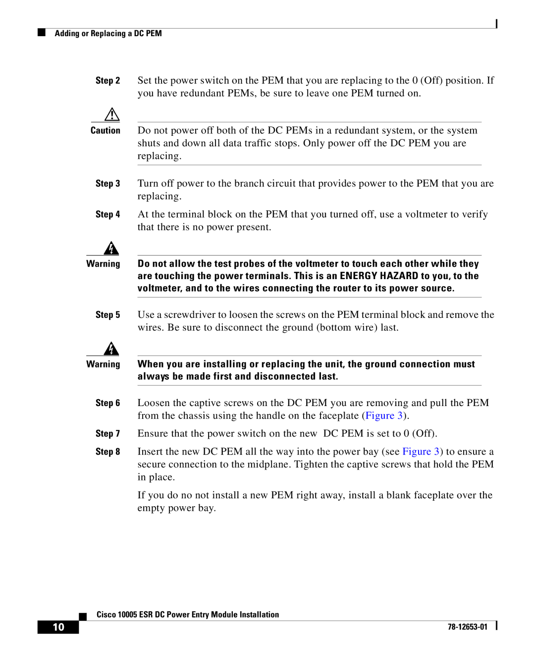 Cisco Systems manual Cisco 10005 ESR DC Power Entry Module Installation 