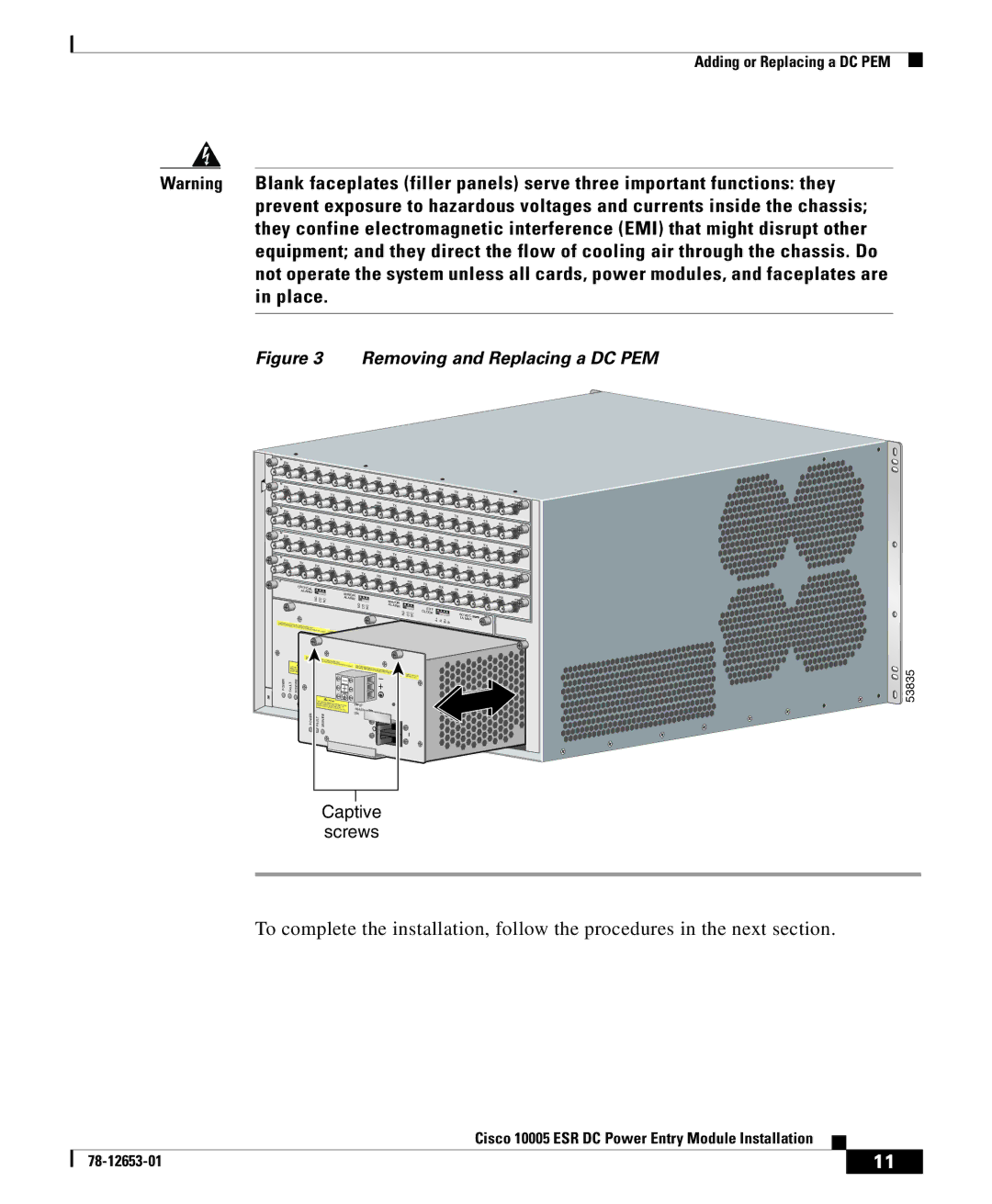 Cisco Systems Cisco 10005 ESR manual Removing and Replacing a DC PEM 