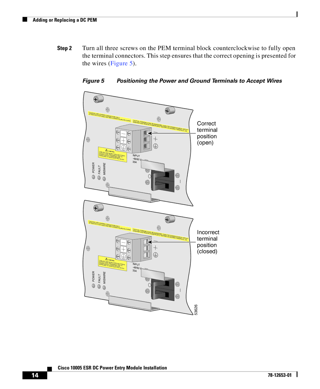 Cisco Systems Cisco 10005 ESR manual Positioning the Power and Ground Terminals to Accept Wires 