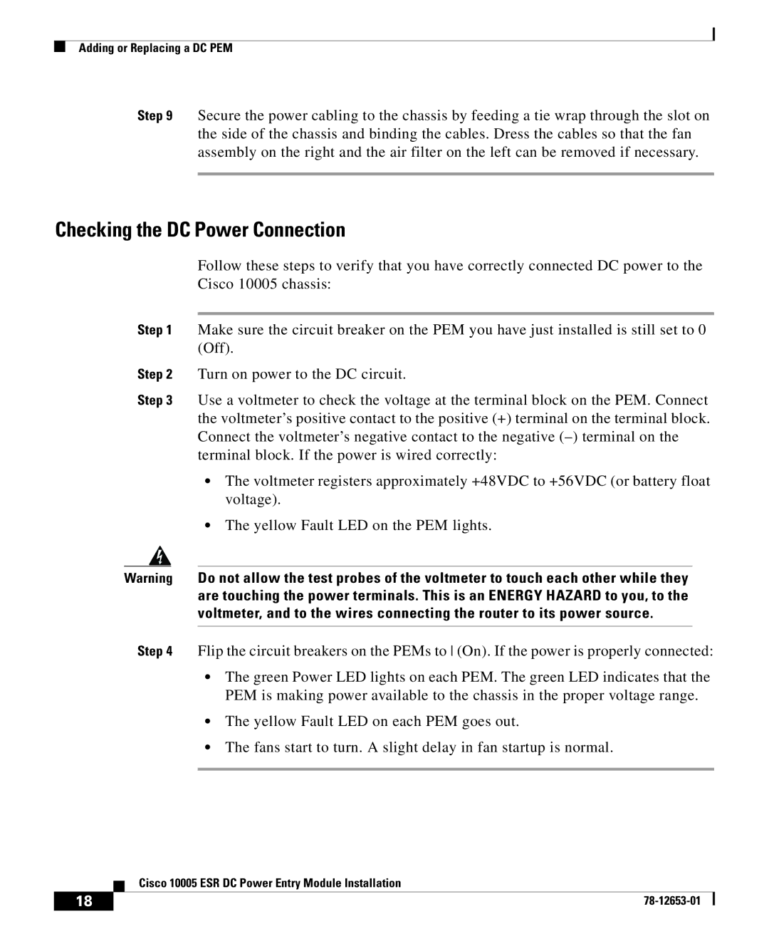 Cisco Systems Cisco 10005 ESR manual Checking the DC Power Connection 