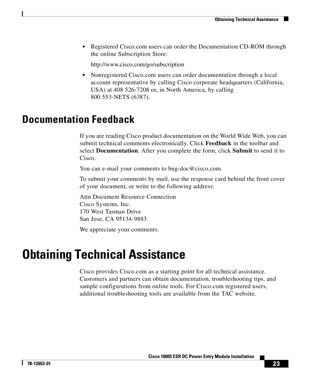 Cisco Systems Cisco 10005 ESR manual Obtaining Technical Assistance, Documentation Feedback 