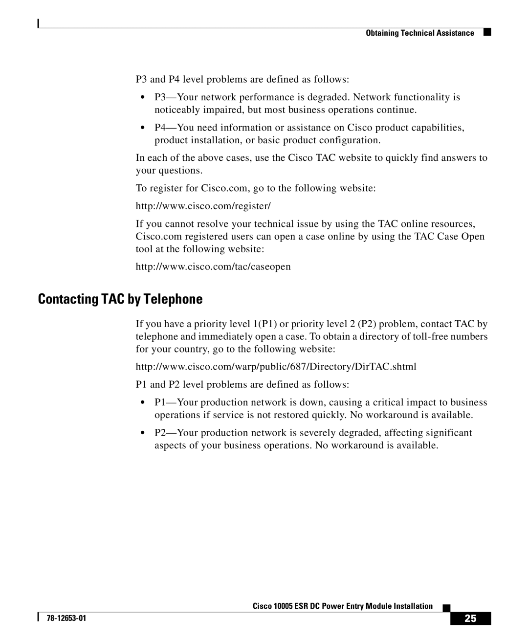 Cisco Systems Cisco 10005 ESR manual Contacting TAC by Telephone 