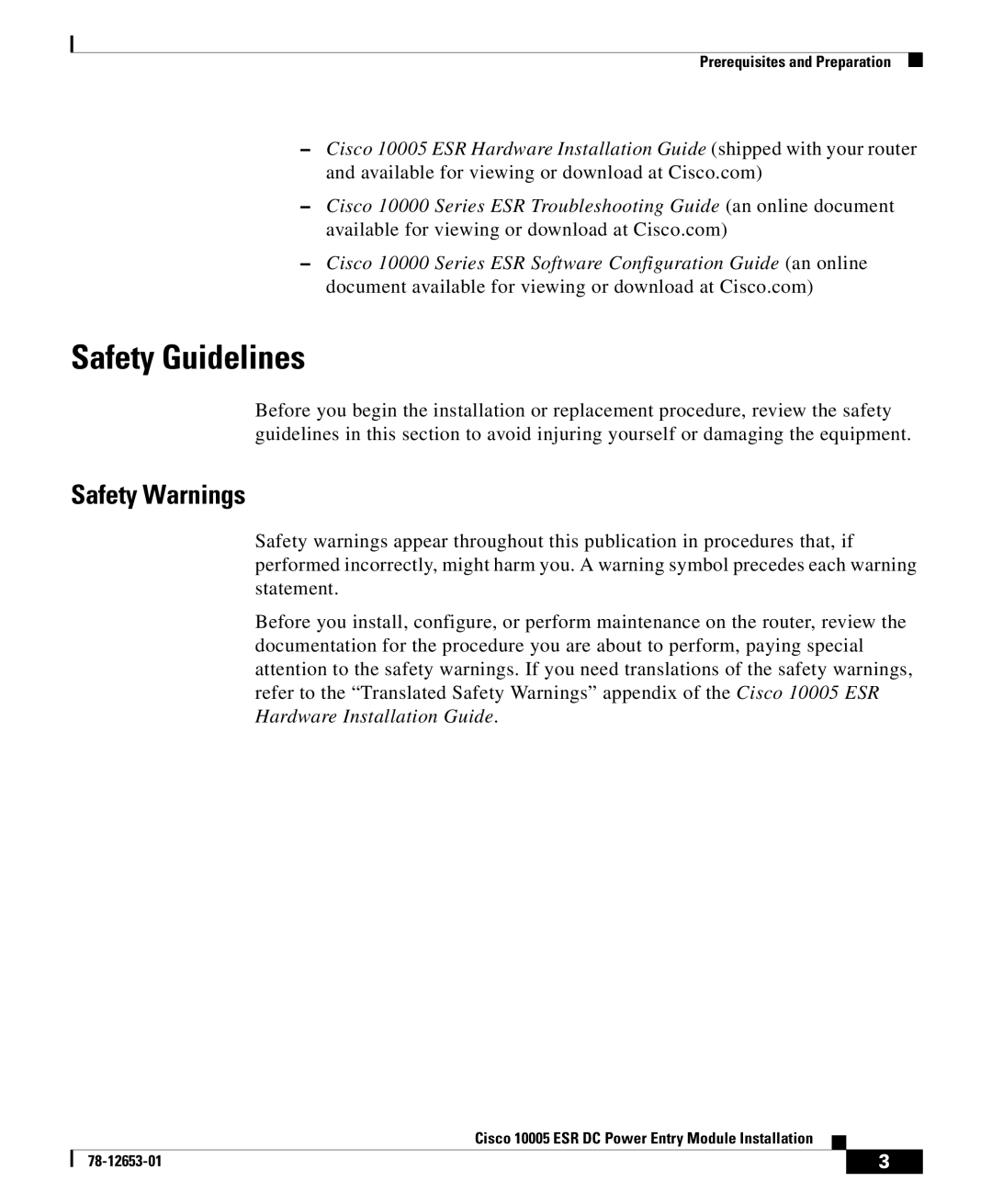 Cisco Systems Cisco 10005 ESR manual Safety Guidelines, Safety Warnings 