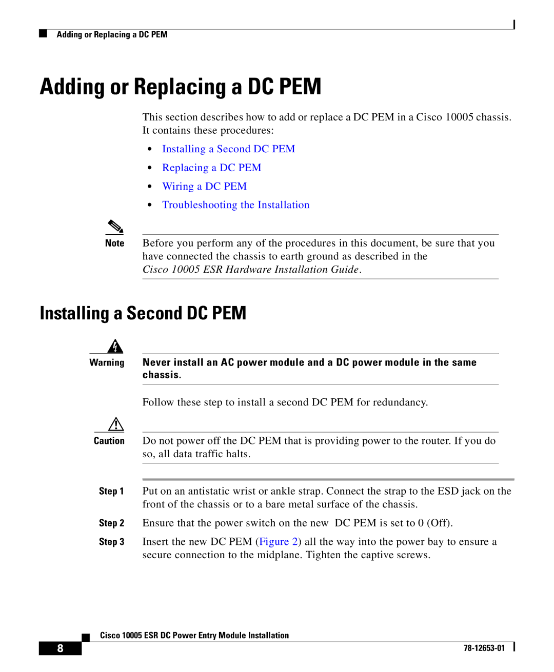 Cisco Systems Cisco 10005 ESR manual Adding or Replacing a DC PEM, Installing a Second DC PEM 