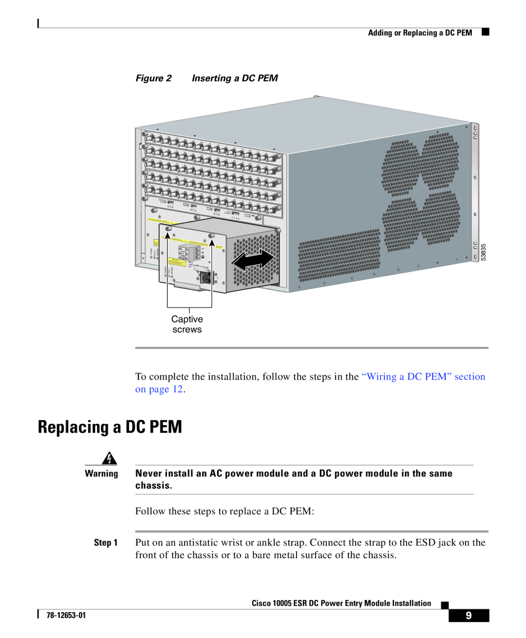 Cisco Systems Cisco 10005 ESR manual Replacing a DC PEM, Inserting a DC PEM 