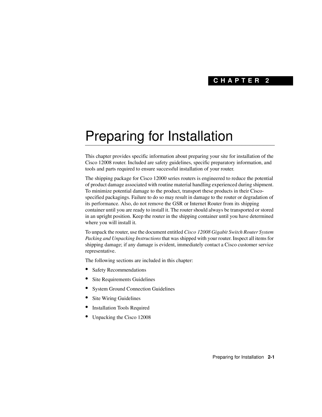 Cisco Systems Cisco 12008 manual Preparing for Installation 