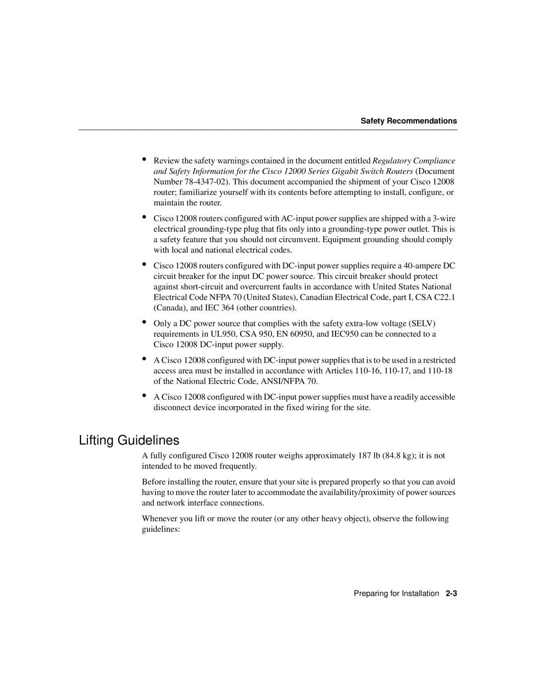 Cisco Systems Cisco 12008 manual Lifting Guidelines 