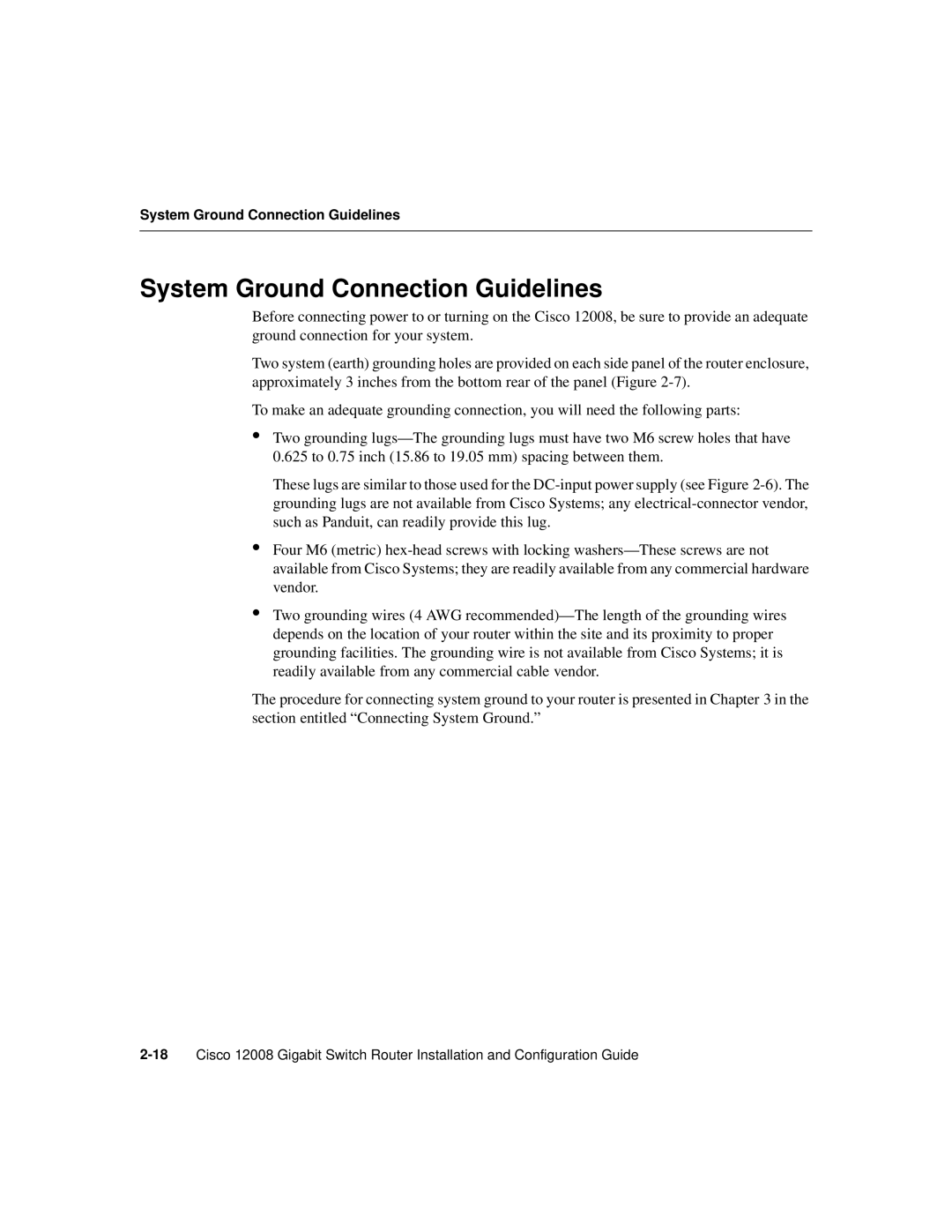 Cisco Systems Cisco 12008 manual System Ground Connection Guidelines 