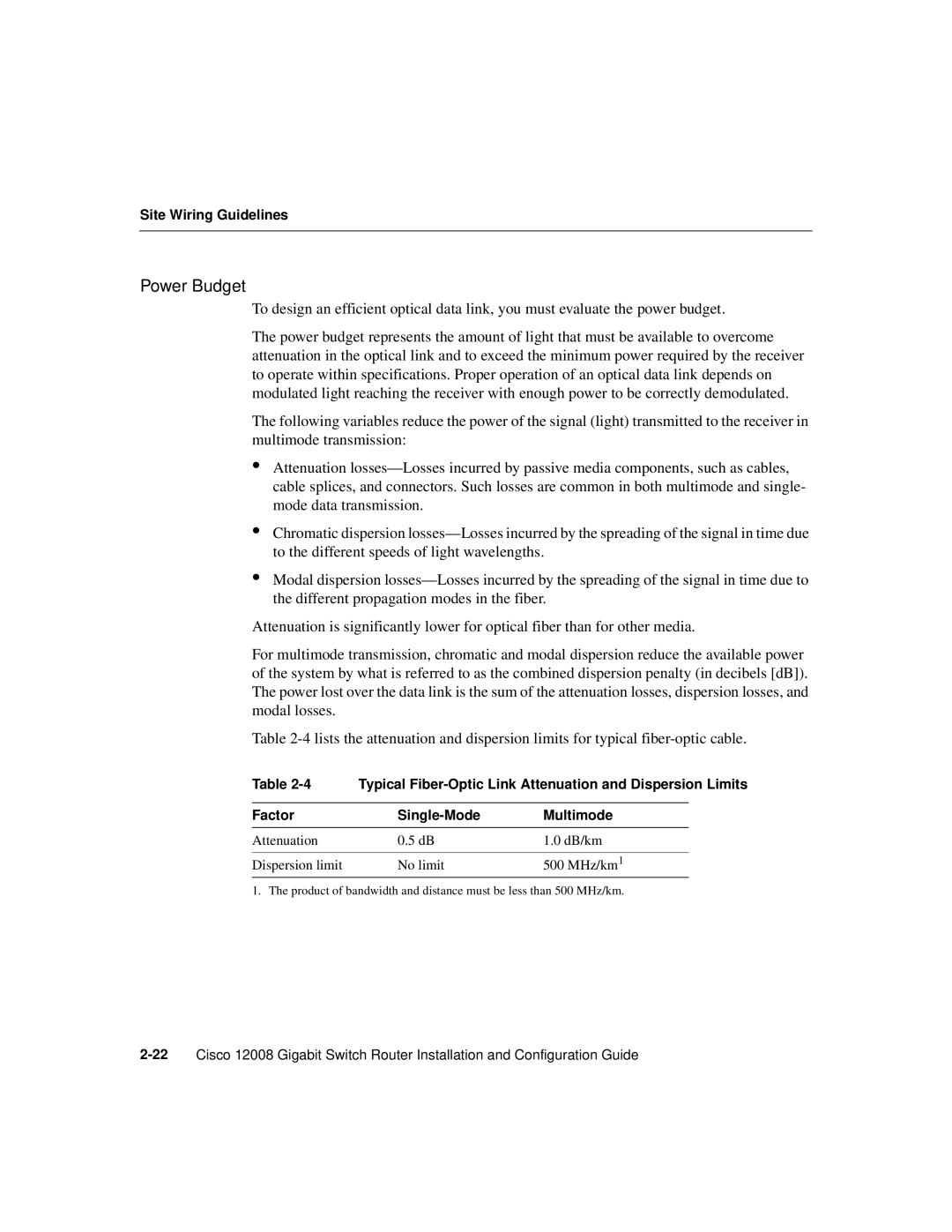 Cisco Systems Cisco 12008 manual Power Budget, Typical Fiber-Optic Link Attenuation and Dispersion Limits 