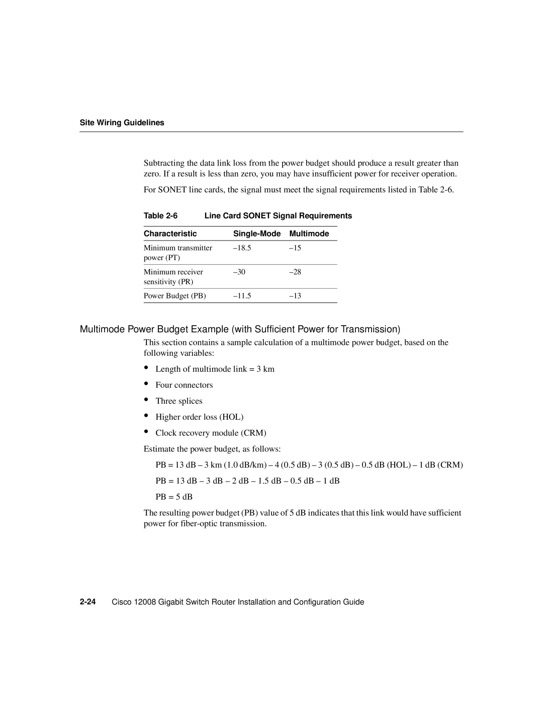 Cisco Systems Cisco 12008 manual Line Card Sonet Signal Requirements, Characteristic Single-Mode Multimode 