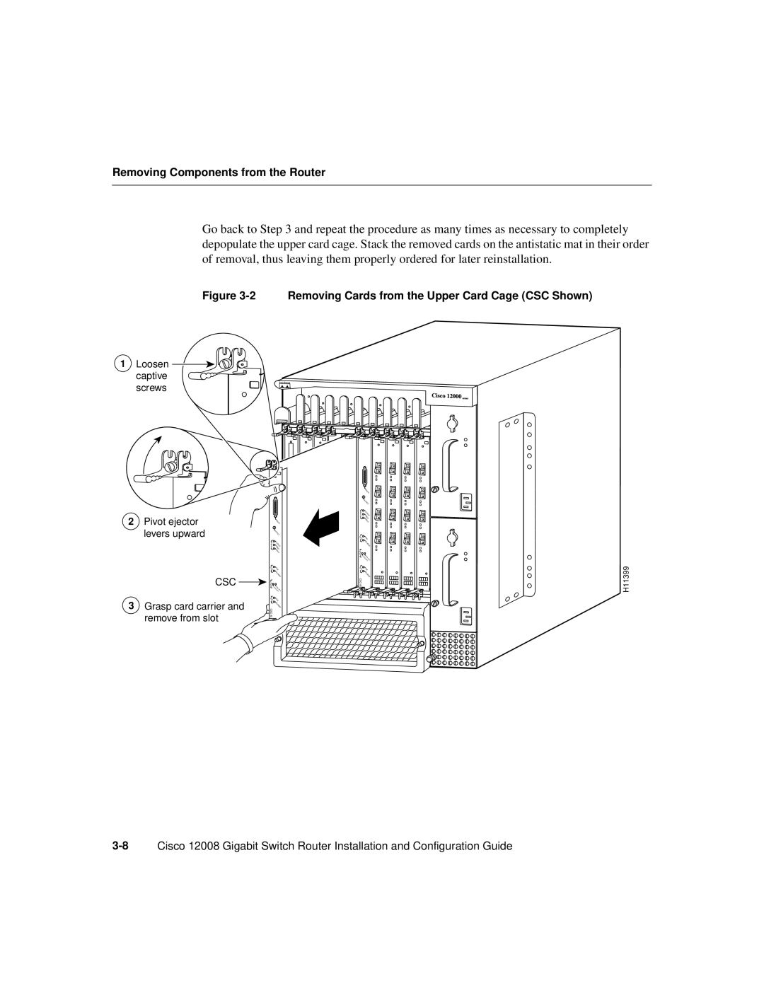 Cisco Systems Cisco 12008 manual Removing Cards from the Upper Card Cage CSC Shown 