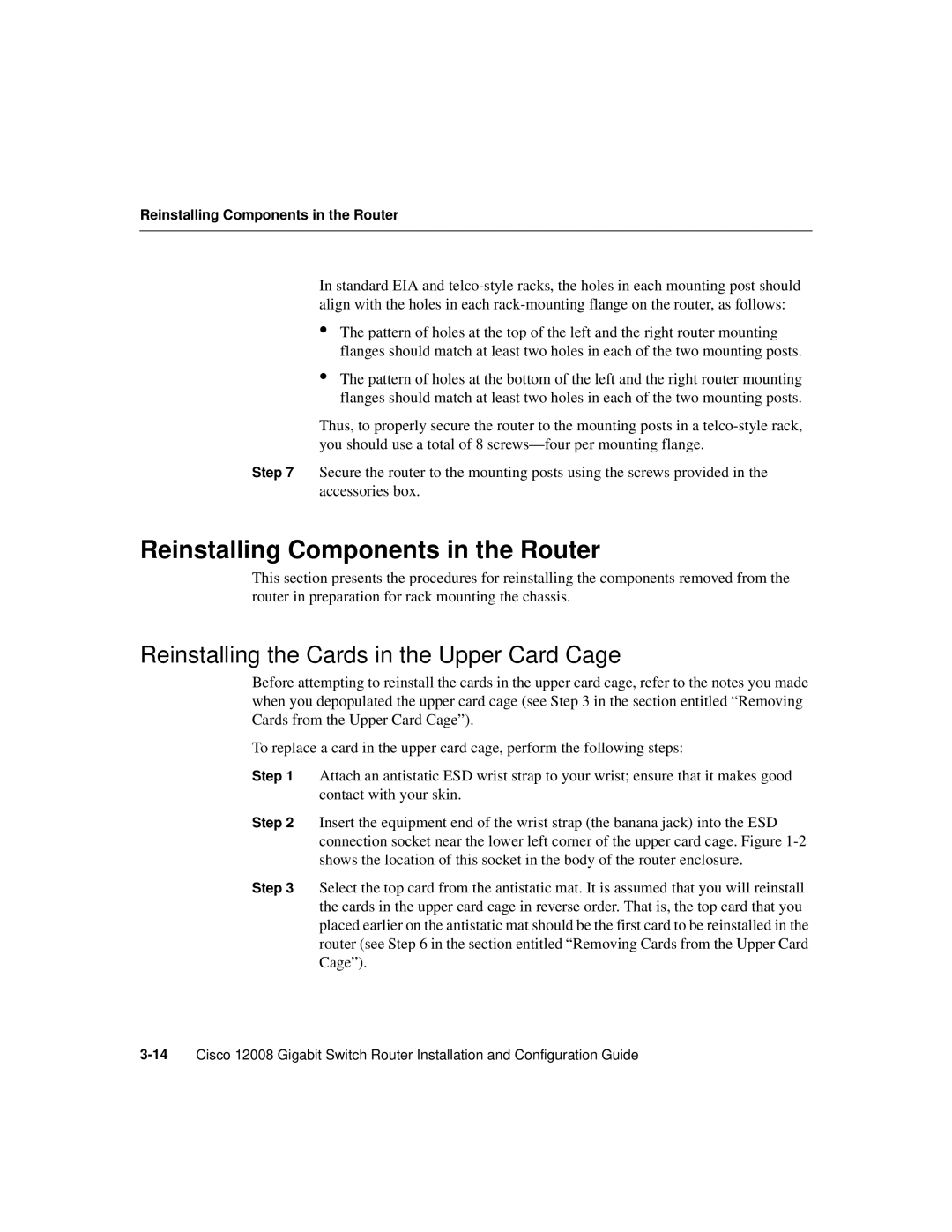 Cisco Systems Cisco 12008 manual Reinstalling Components in the Router, Reinstalling the Cards in the Upper Card Cage 